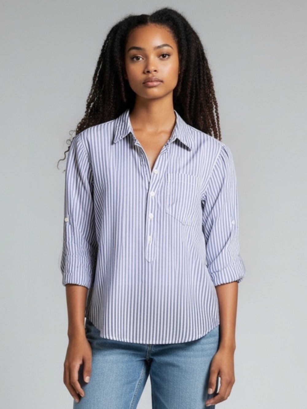 J. Crew Navy and White Striped Button Down Shirt